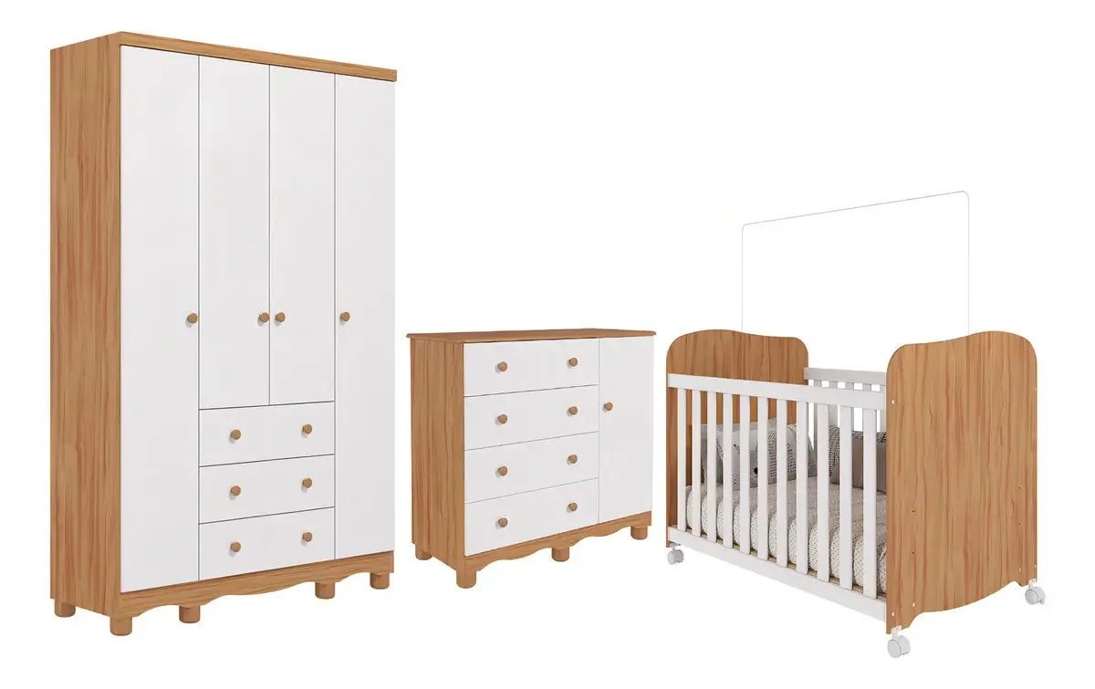 Quarto Bebê Completo Berço Americano Uli Guarda Roupa Cômoda Cor Amendo/branco
