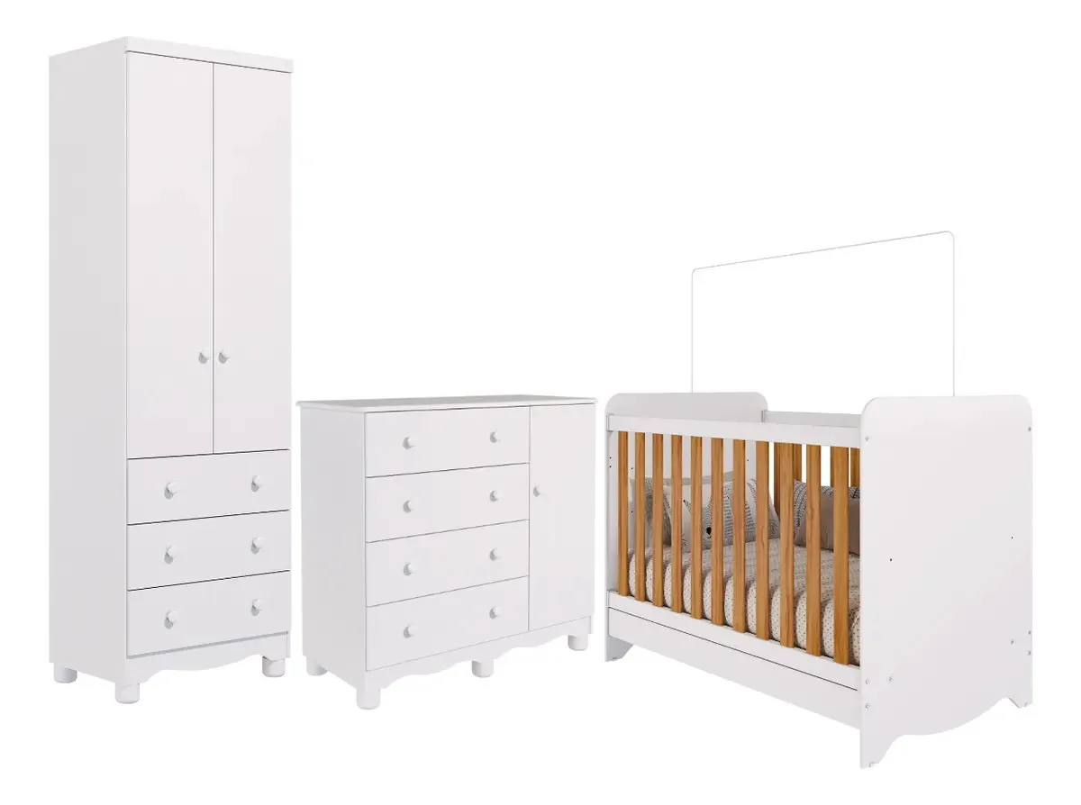 Quarto Bebê Completo Berço Americano Ben Guarda Roupa Cômoda Cor Branco/ Grade Amendoa