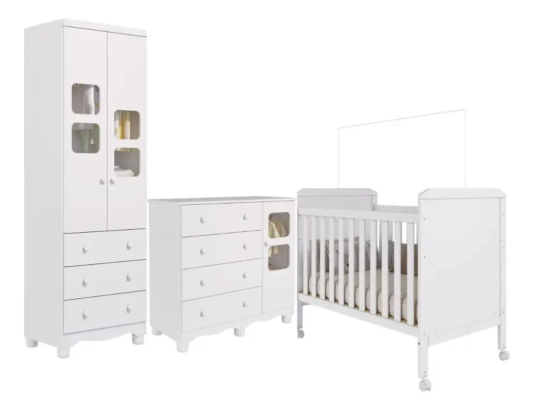 Quarto De Bebê Completo Berço Americano Guarda Roupas Cômoda Cor Branco Brilho