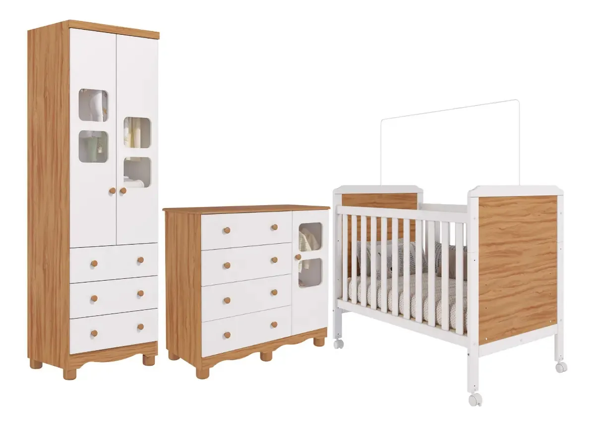Quarto De Bebê Completo Berço Americano Guarda Roupas Cômoda Cor Amêndoa/branco