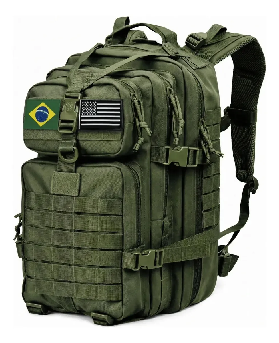 Mochila Tática Militar 50l Masculina Reforçada Impermeável Viagem Camping Pesca Com 2 Patchs Bandeiras Brasil Eua Verde Bagear