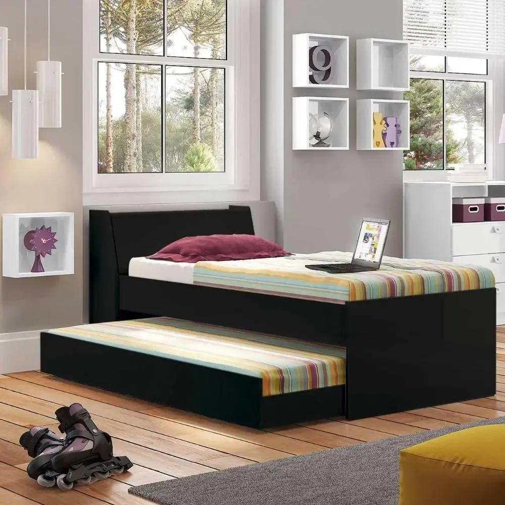 Cama Solteiro Bicama Preto Ditália Com 2 Colchões