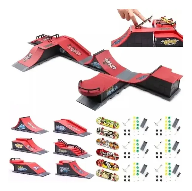 Kit Pista Skatepark Miniatura Fingerboard Skate Dedo Rampas Rodas Vermelho Skate Preto