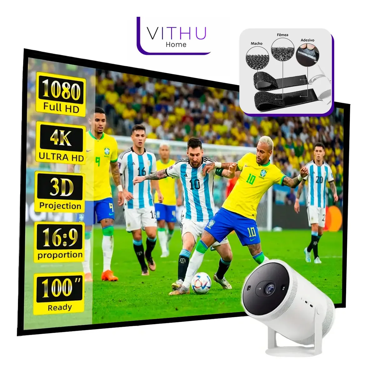 Tela de Projeção Vithu para Projetores, 150" (2,5m x 1,5m), Full HD, com Velcro