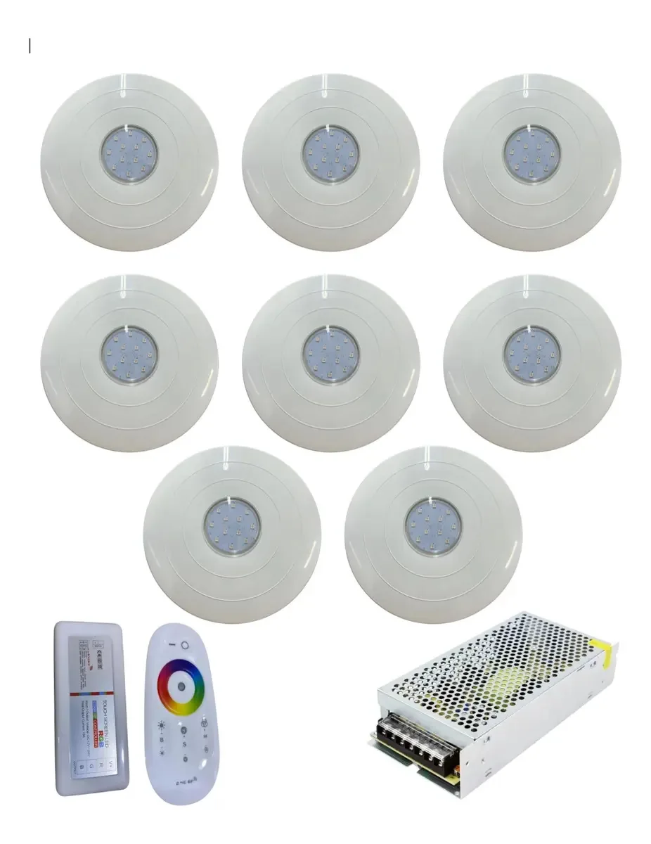 8x Hiper Led 16w Abs Rgb Iluminacao Para Piscina Com Controle E Fonte 15a