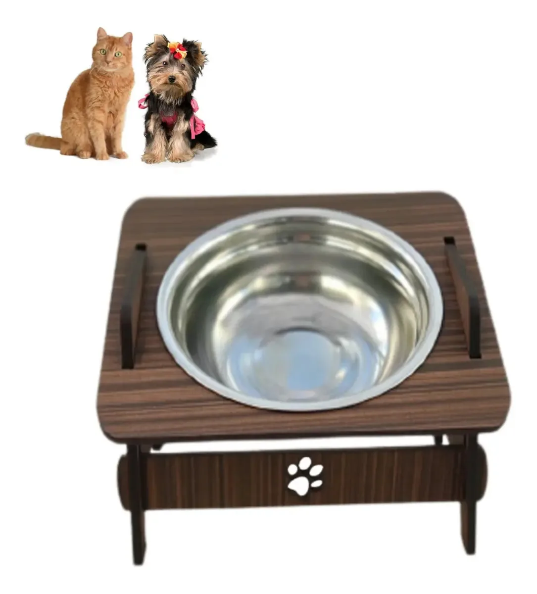 Comedouro Elevado Pet - Pote Inox - Gatos E Cachorros Cor Tabaco