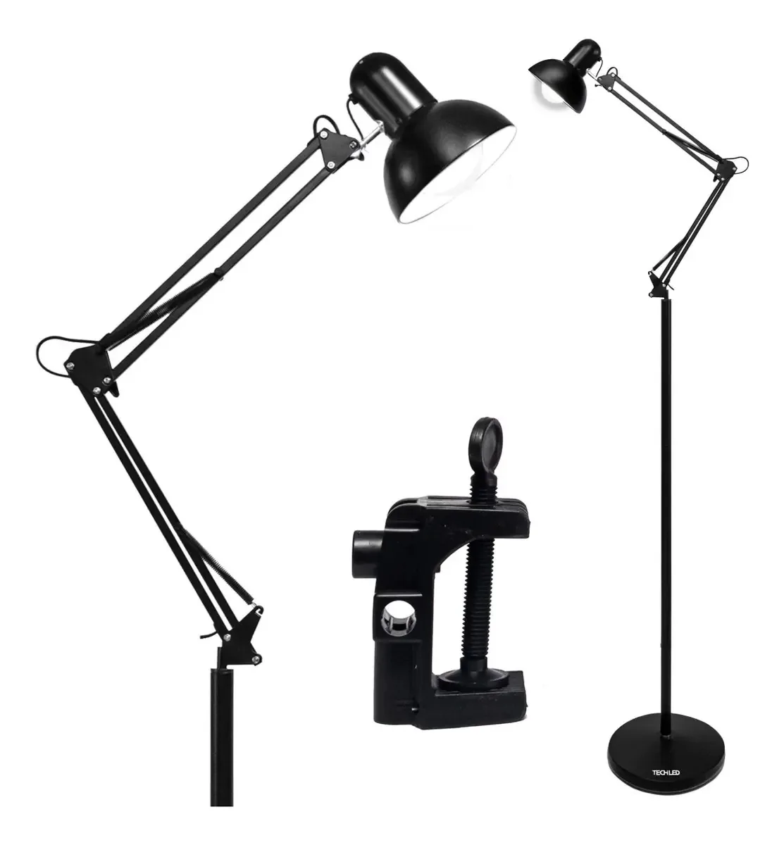 Luminária de chão para sala Techled Luminária Articulada com cúpula preta e estrutura preta 1,90 m
