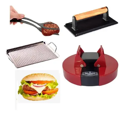 Jogo Hamburguer Molde Prensador Pegador Bandeja Para Grelhar