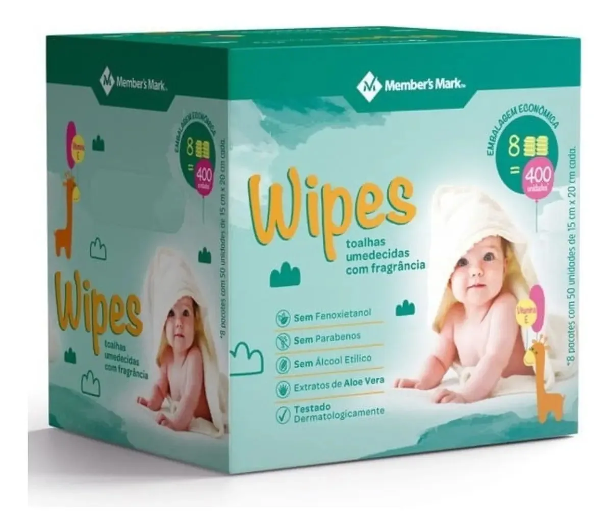 Toalhas Umedecidas Wipes - Members Mark 400 Lenços 8x50unds