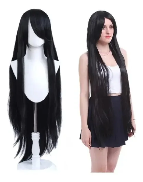 Peruca Longa Anime Cosplay Preto Wandinha + Touca