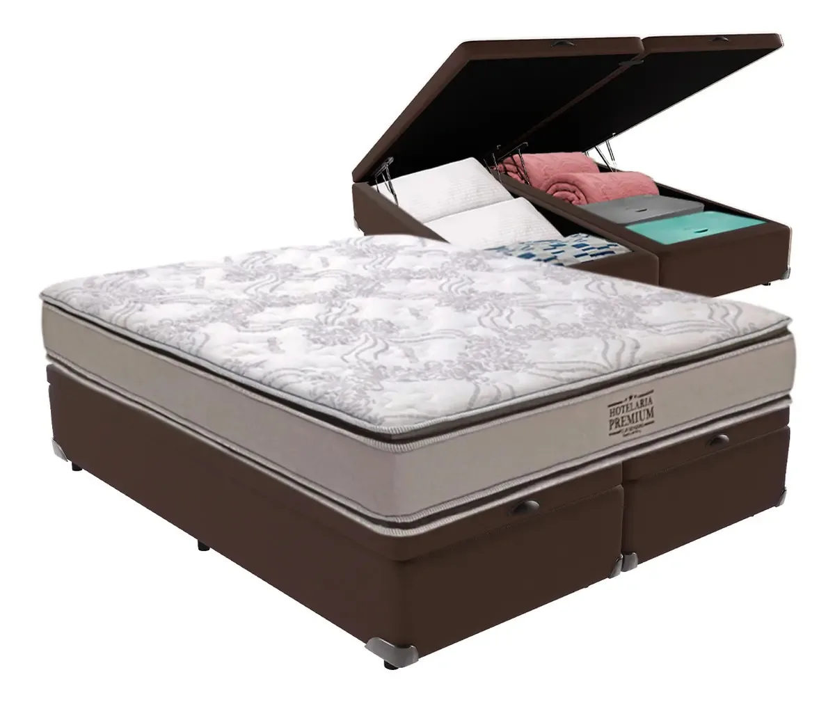 Cama Box Baú King Marrom E Colchão Four Season Molas Vstore