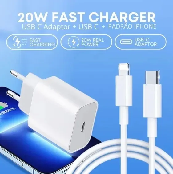 Carregador VTR ELETRONICS CARREGADOR 40W DUPLO usb-c/padrão iphone de parede com cabo carregamento turbo branco