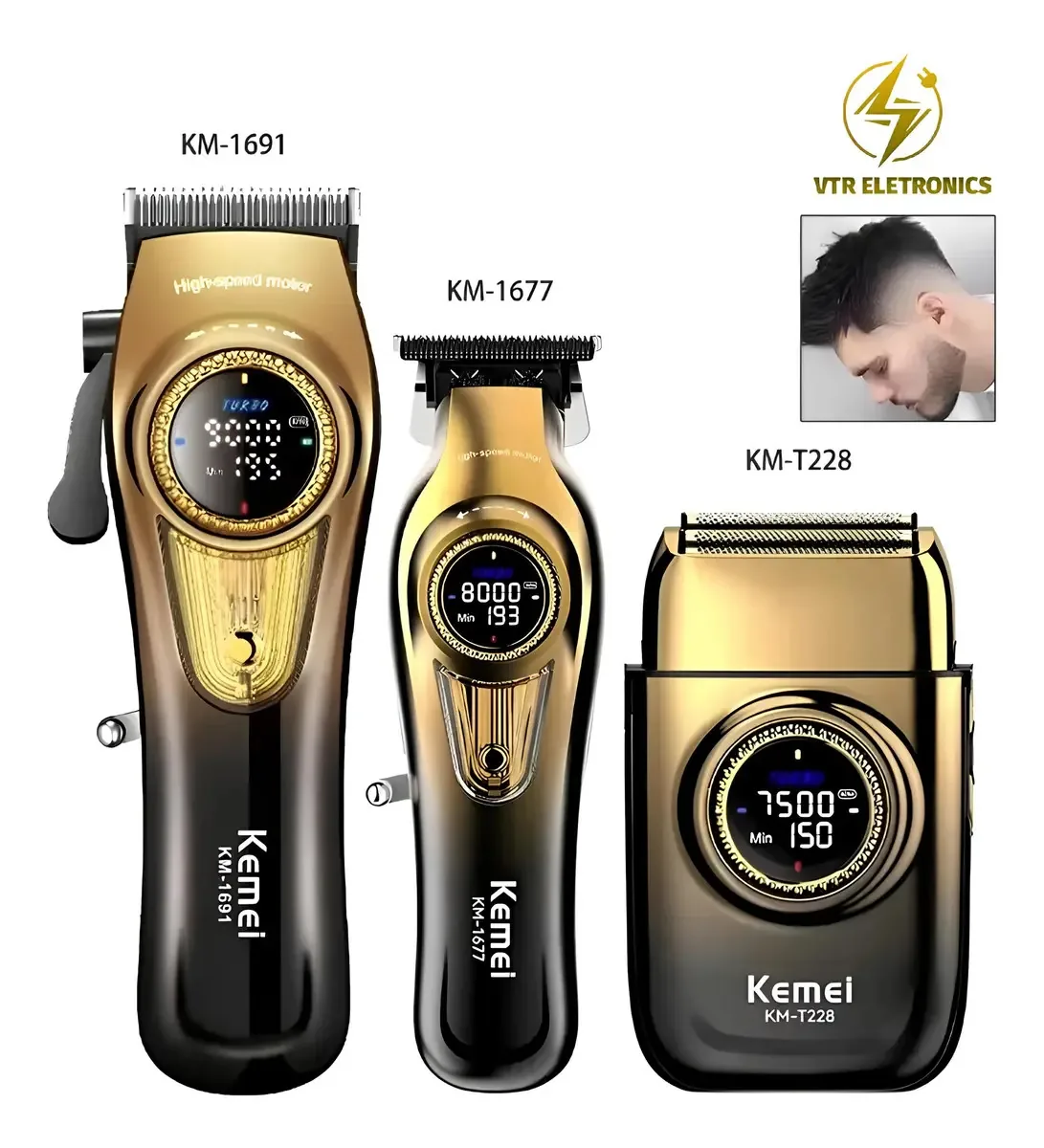 Kit 3 Máquinas de Cortar Cabelo Profissional Kemei, para Barbeiro e Acabamento, Sem Fio