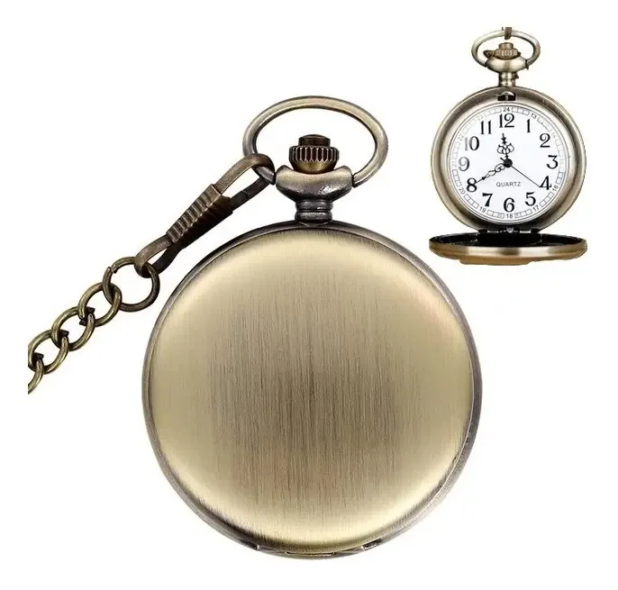 Relógio De Bolso Com Corrente Antigo Vintage Bronze Liso
