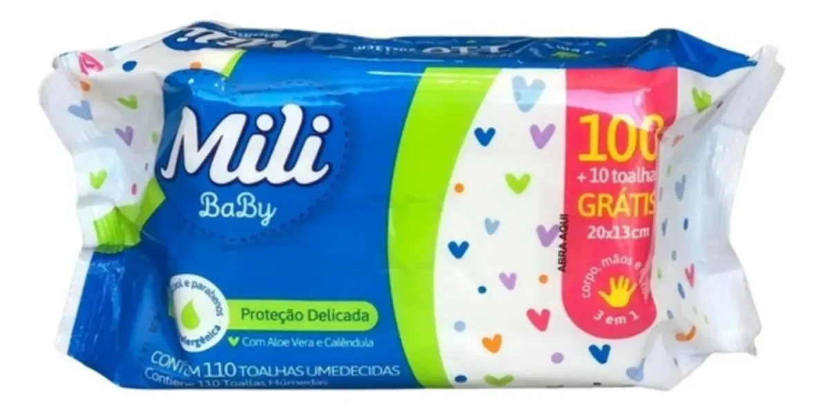 550 Lenços Umedecidos Mili Baby Aloe Vera Calêndula Hidrata