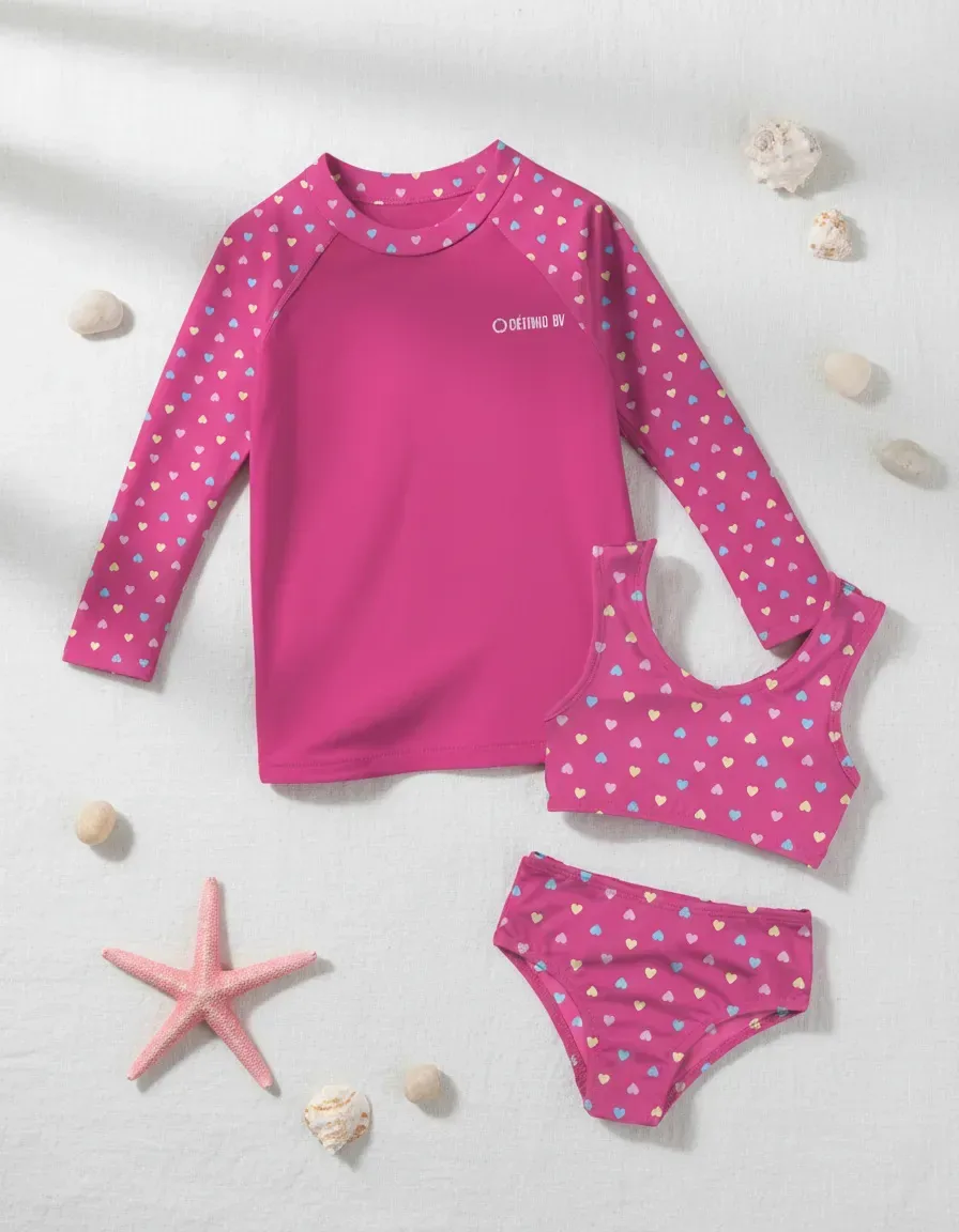 Kit 3 Peças Camisa+biquini Infantil Proteção Uv50+moda Praia Cor Rosa Tamanho 10