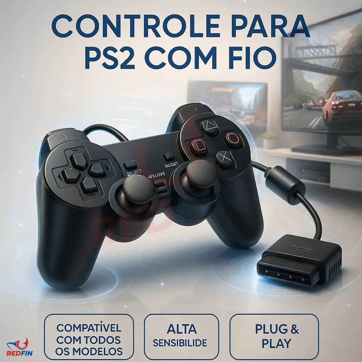 2 Controles Para Ps2 Dualshock Com Fio E Analógico Marca Redfin Cor Preto