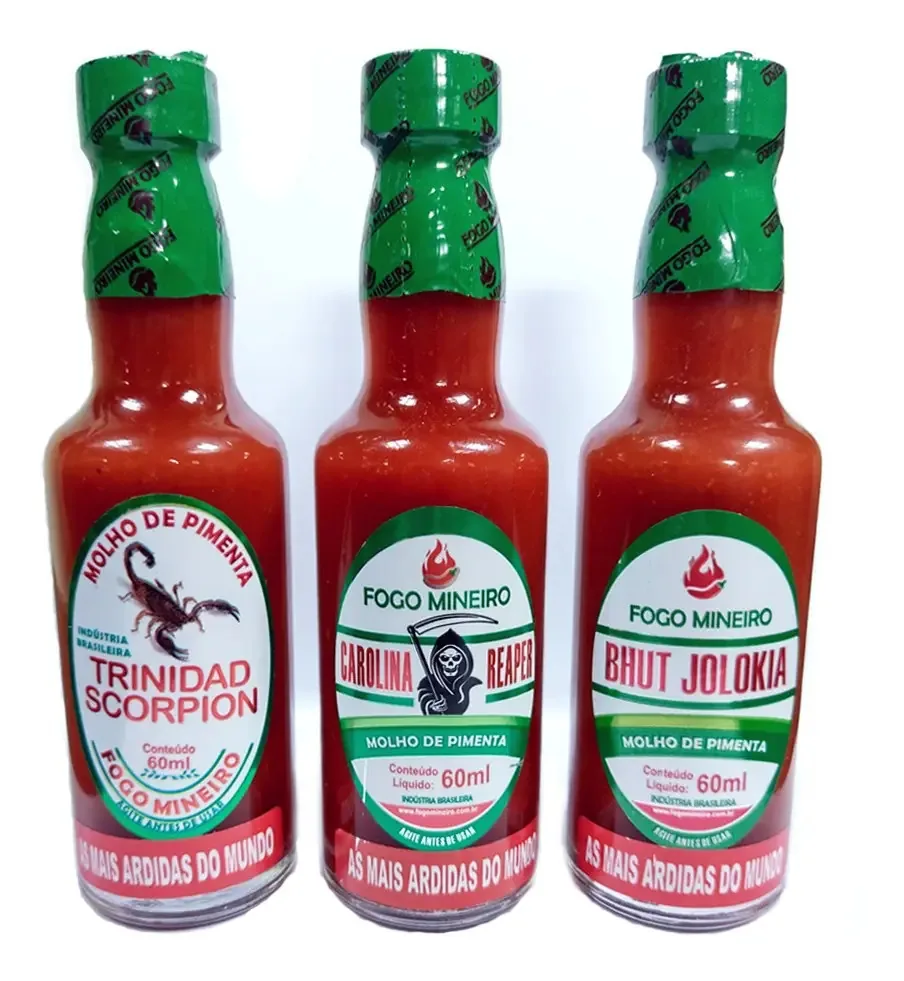 Molhos Carolina Reaper, Bhut Jolokia, Trinidad Scorpion 60ml