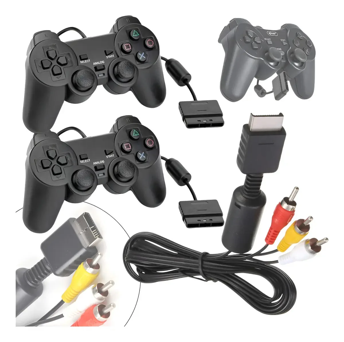 Controles com Fio Compatíveis PS2 FY Preto + Cabo de Imagem