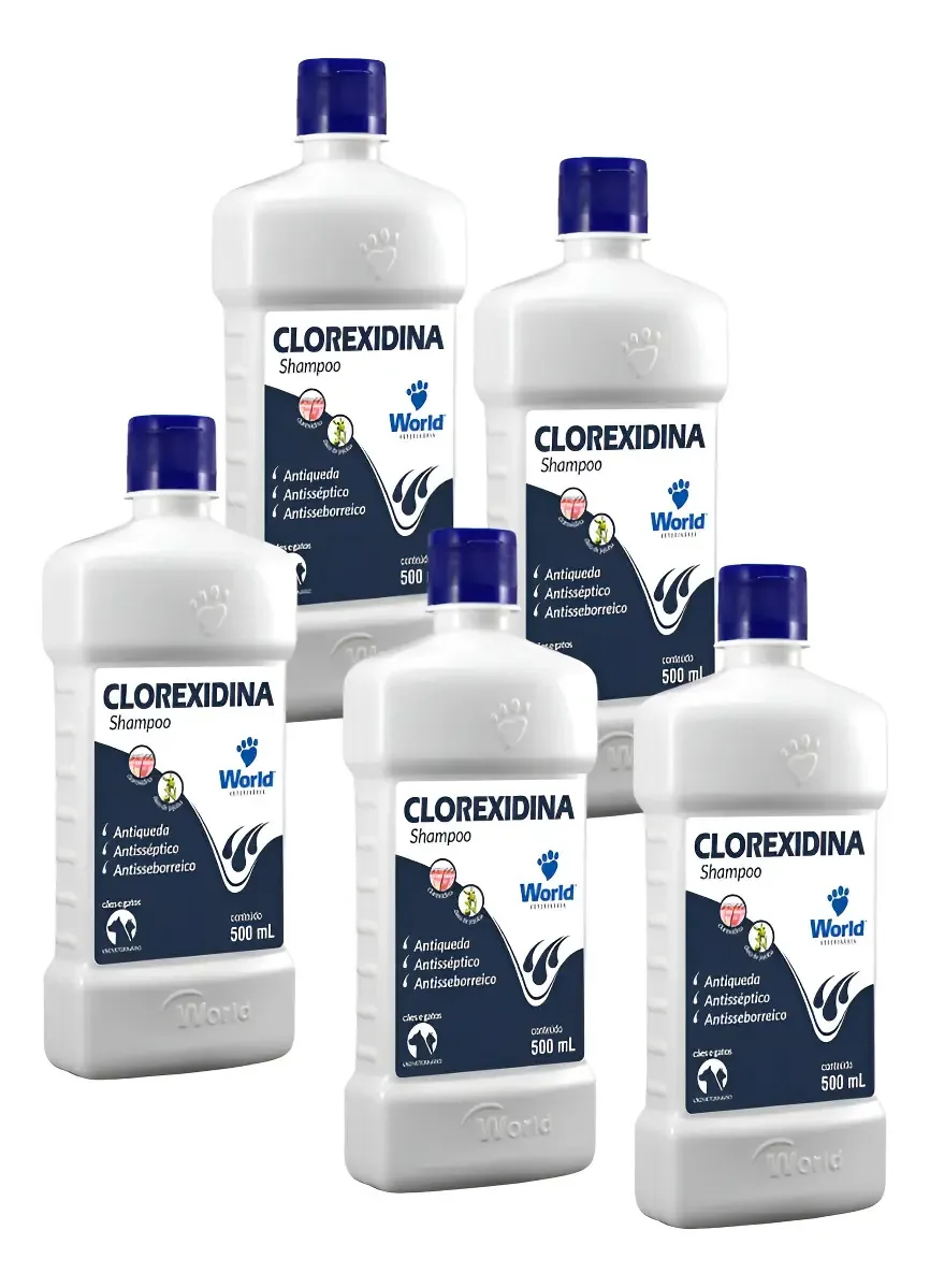 Kit 5 Shampoos World Dermatológico de Clorexidina para Cães e Gatos de 500ml