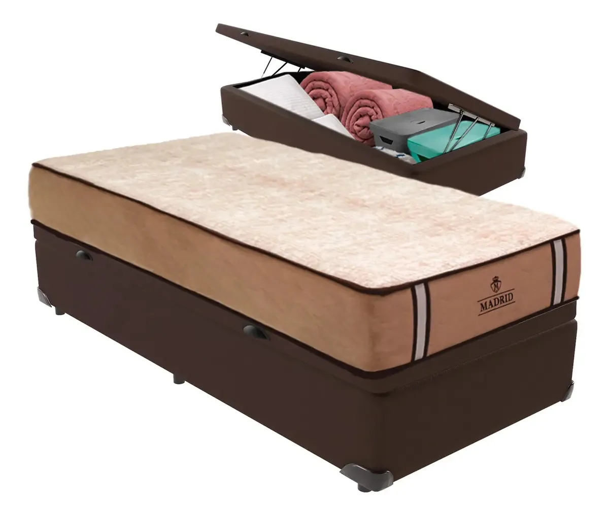 Cama Box Baú Marrom E Colchão Madrid Molas Vstore 78x188x28