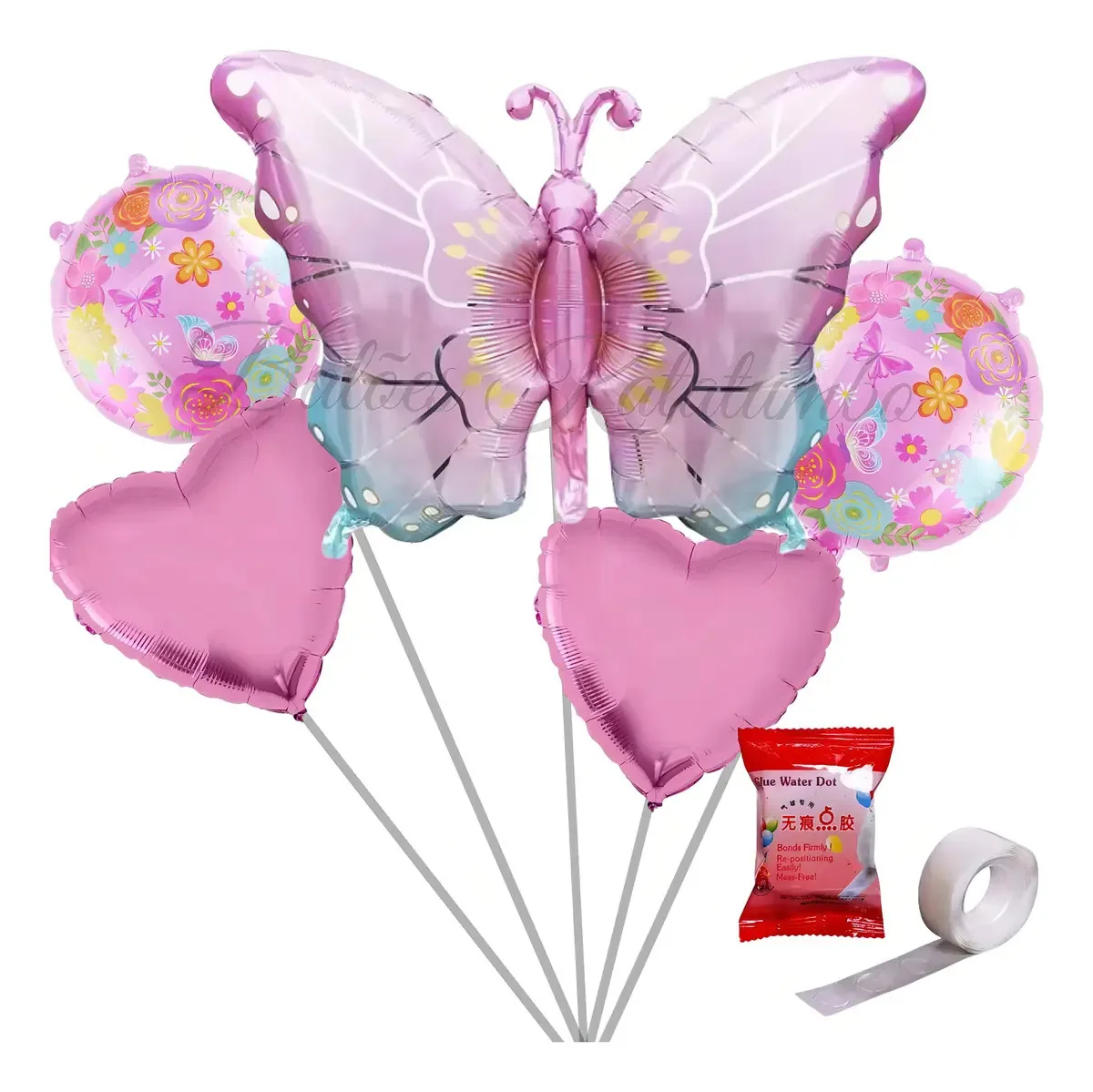 Kit de Balões Borboleta e Jardim com Estrelas Coração Rosa