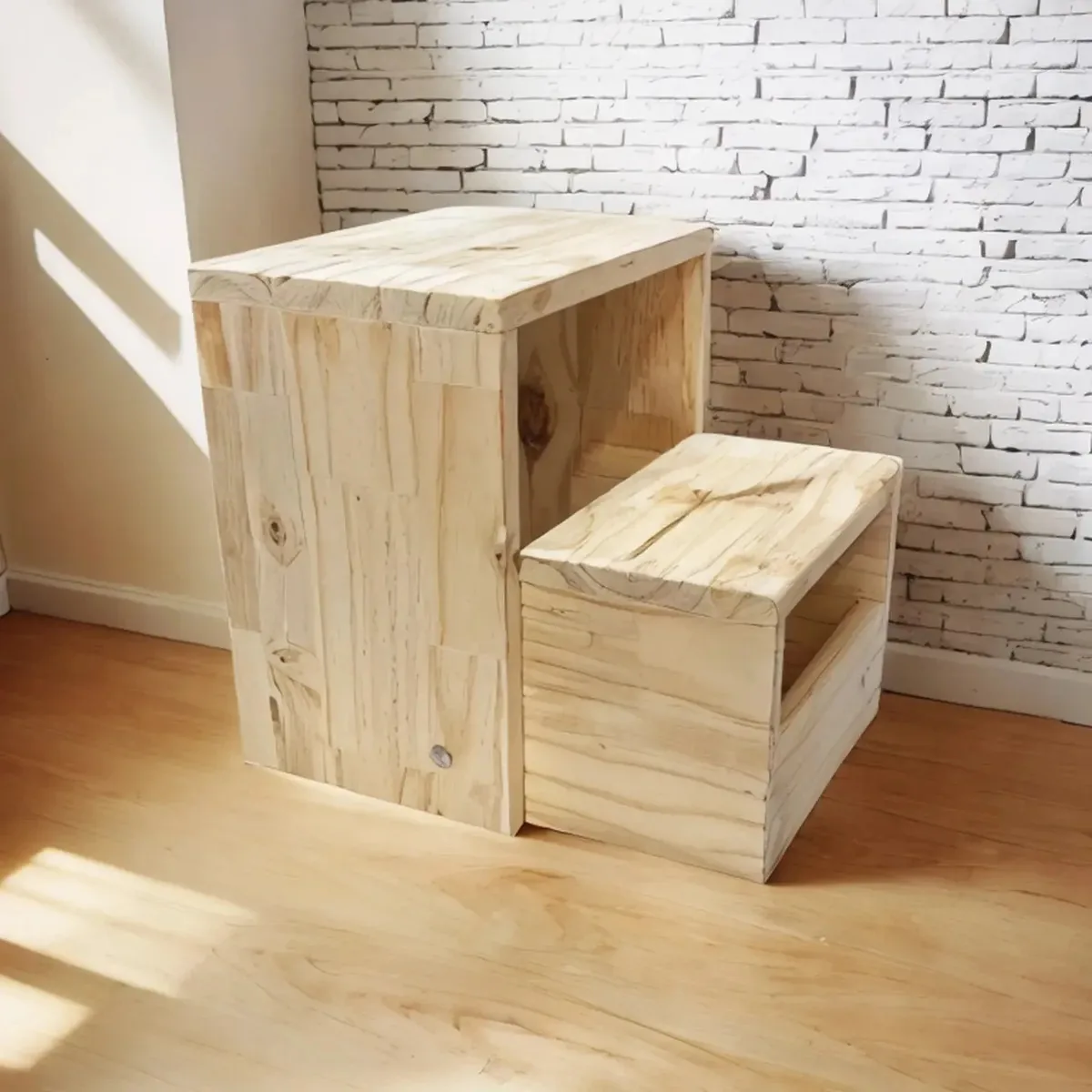 Escada Escadinha Auxiliar 2 Degraus Maca Estética 120kg Lixado Pinus