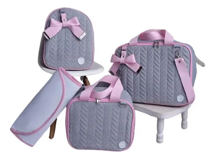 Bolsa Maternidade Bebê Kit 4peças Laço Rosa Luxo Impermeável