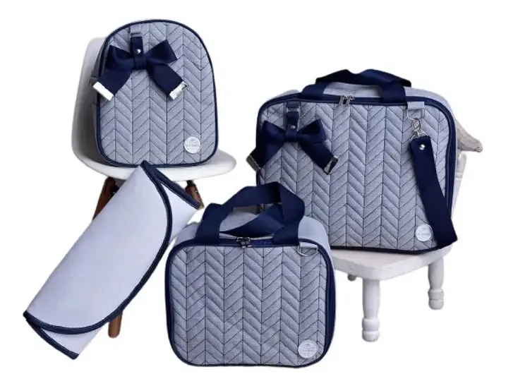 Bolsa Maternidade Bebê Kit 4peças Laço Azul Luxo Impermeável