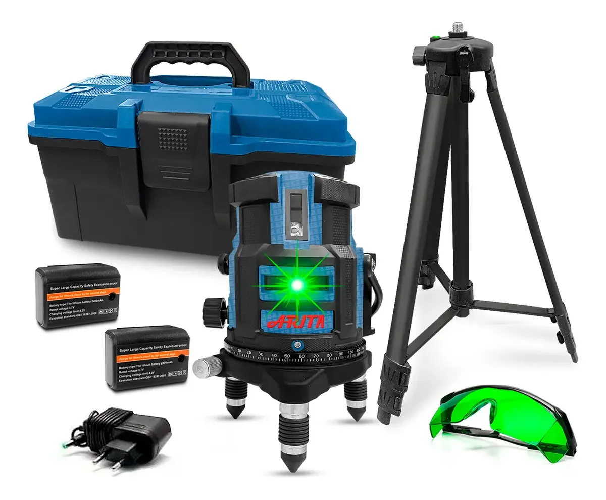 Nível A Laser 2 Baterias 05 Linhas Verde Recarregável Alcance 50 Metros + Tripé 1,50m