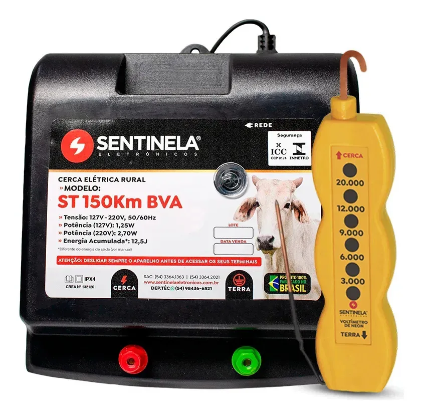 Aparelho De Choque Cerca Elétrica St150km Bivolt + Voltímetro Analógico Neon Testador Medidor De Voltagem Para Cerca