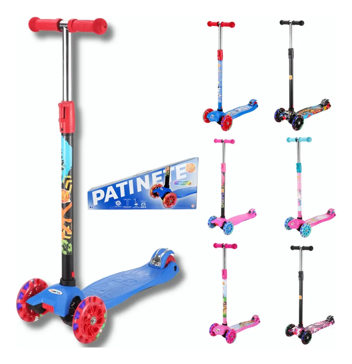 Patinete Dm Toys E Wellkids 3 Rodas Liso Azul