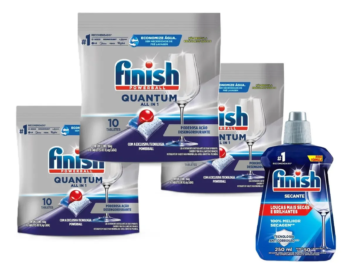 Kit Finish Lava Louças Quantum 30 Tabletes + Brilho Secante