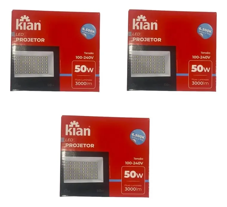 3x Refletores Kian 50w 6500k Luz Branca Fria