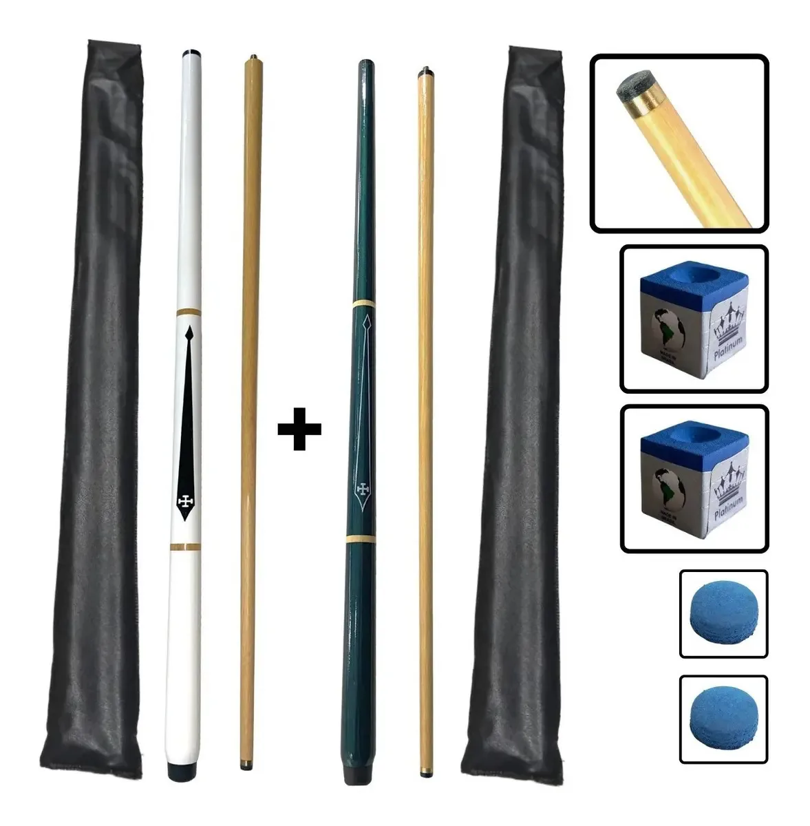 Kit C/ 2 Tacos De Sinuca Profissional C/ Sola De Couro Cor Branco E Verde