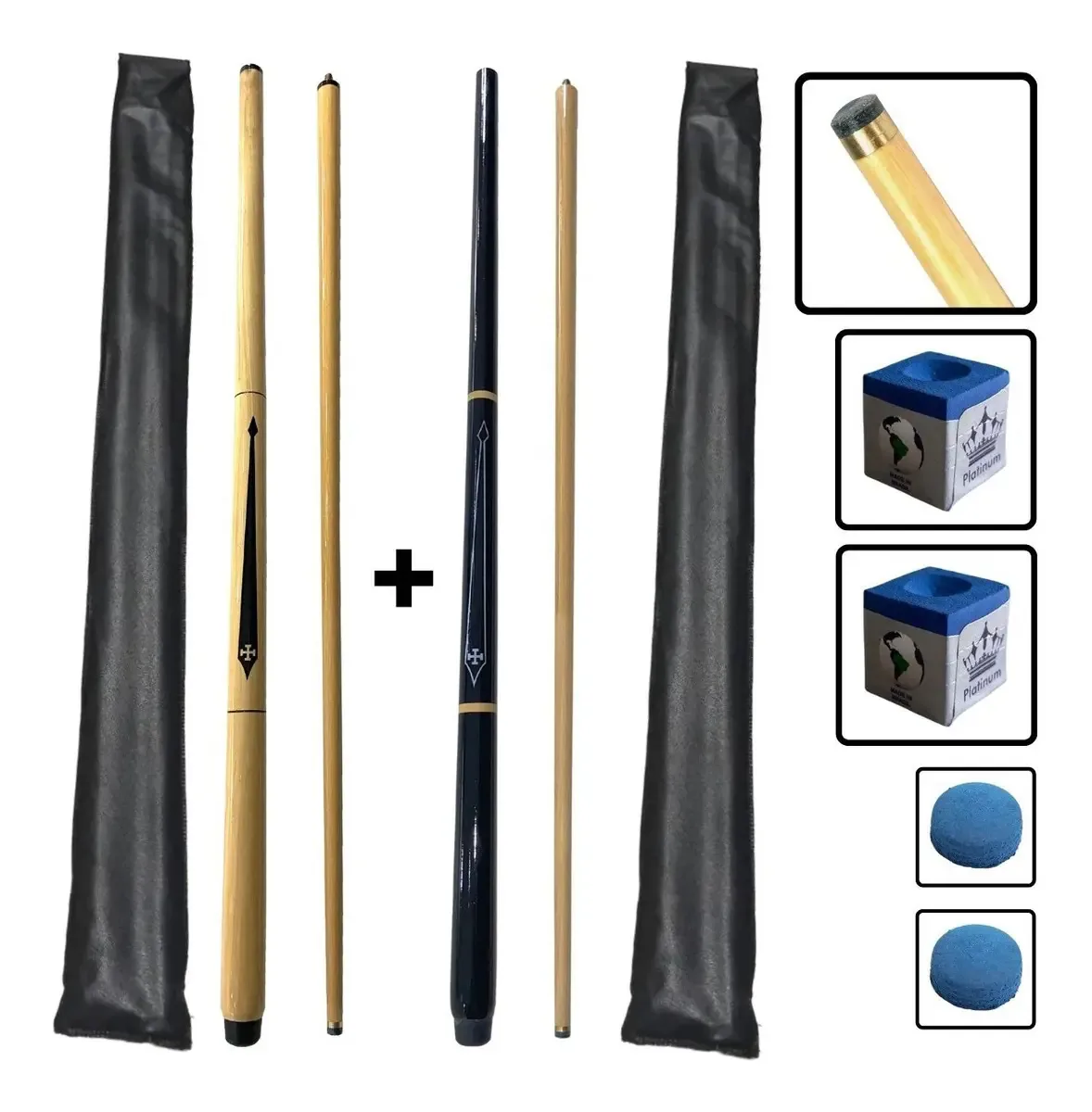 Kit C/ 2 Tacos De Sinuca Profissional C/ Sola De Couro Cor Natural E Preto