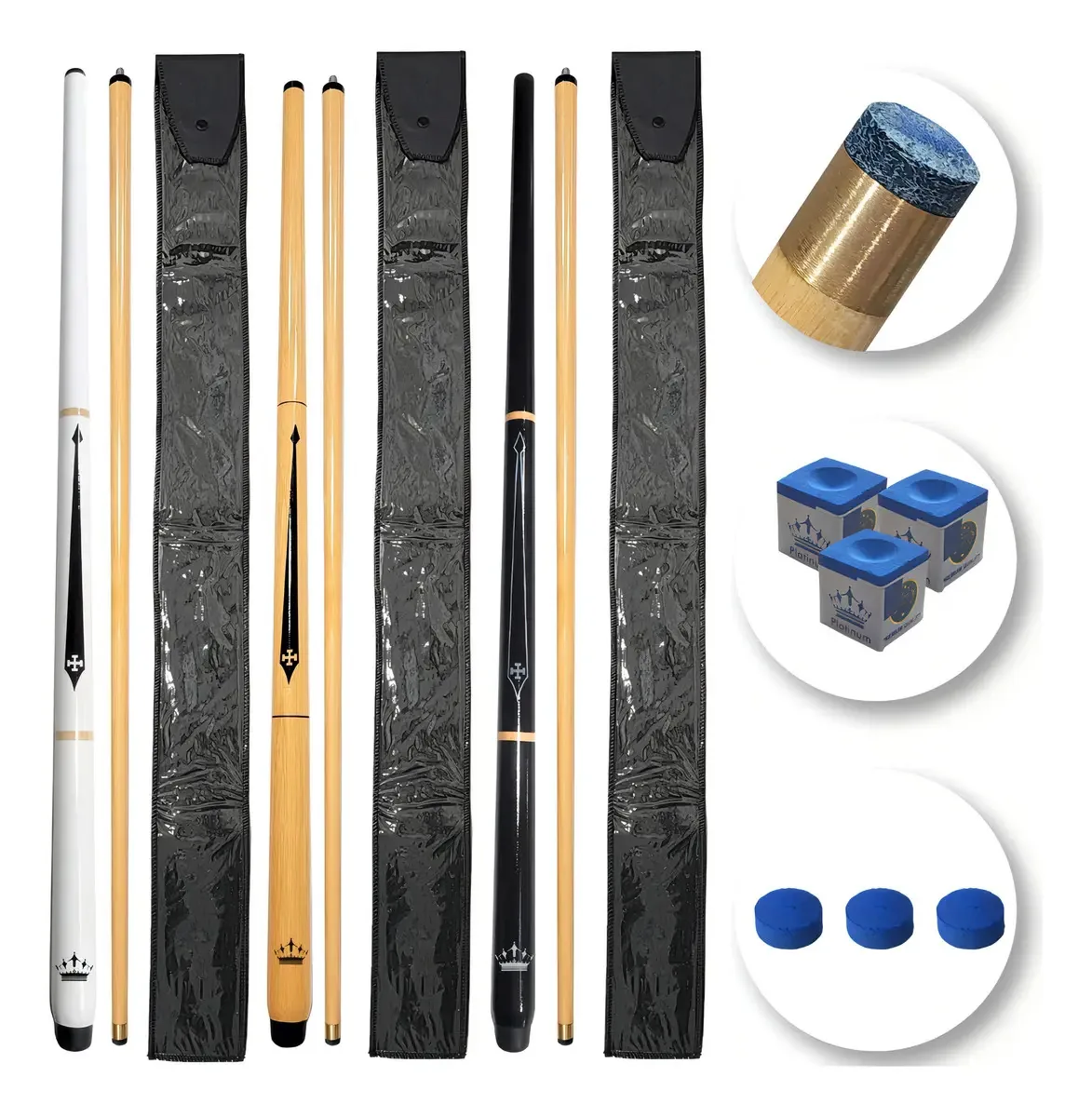Kit Com 3 Tacos Sinuca Profissionais Cruz De Malta Cor Branco, Madeira e Preto