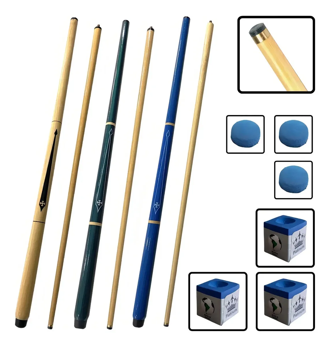 Kit Com 3 Tacos Sinuca Profissionais Cruz De Malta Cor Madeira, Verde e Azul