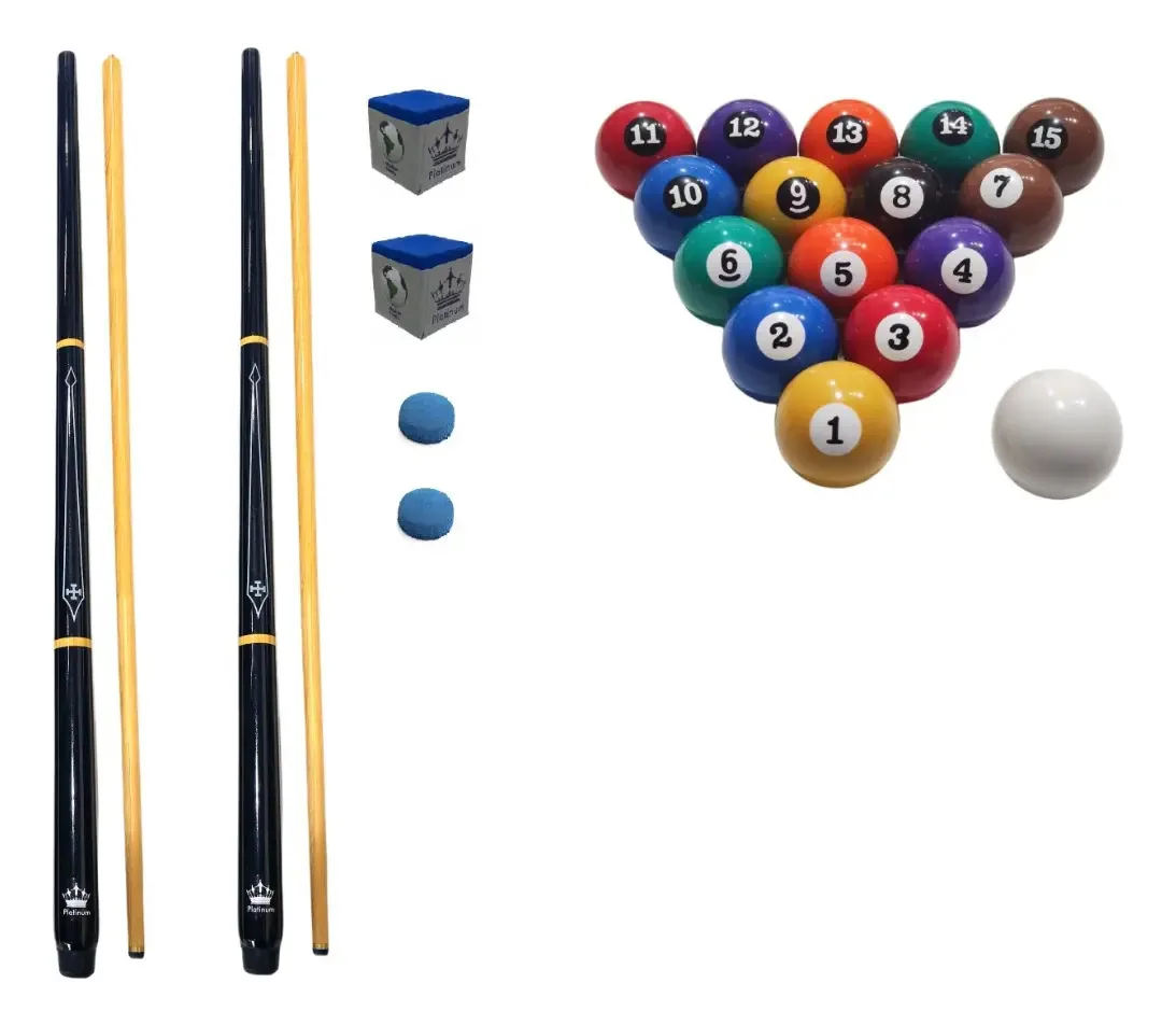Kit C/ 2 Tacos De Sinuca Profissional + Jogo De Bola 54mm Cor Variadas Malta Peso 470 g