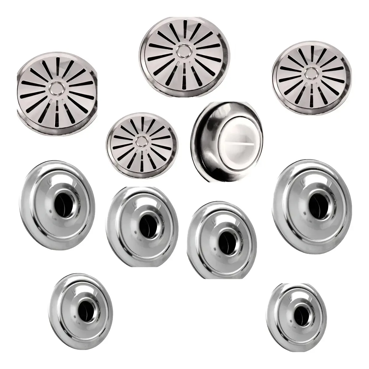 Kit Dispositivos Hisbras para Piscina: 4 Ralos de Fundo Anti-turbilhão, 1 Aspiração e 6 Retornos em Aço Inox 304
