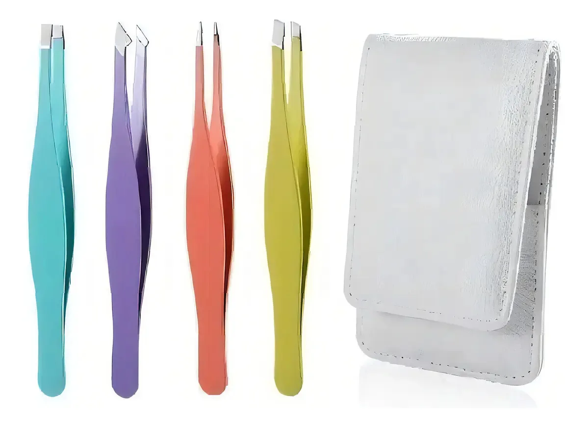 4 Pinças Para Design Sobrancelha Profissional Com Estojo