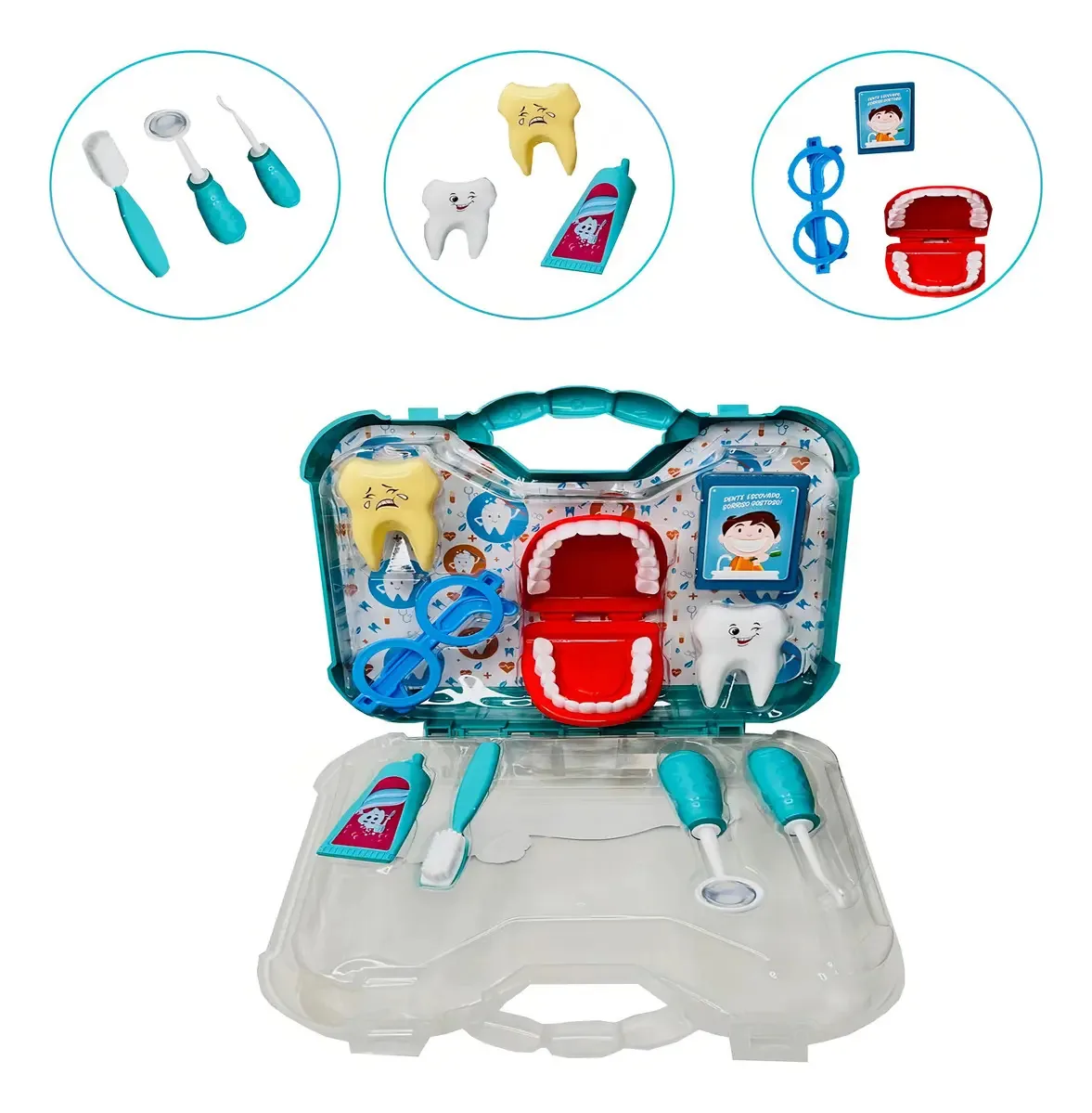 Brinquedo Maleta De Dentista Infantil Grande Com Boca Articulada Kit Médico Educativo Pedagógico Aprender Higiene Bucal Brincadeira Criativa Coordenação Motora Pakitoys Cor Verde