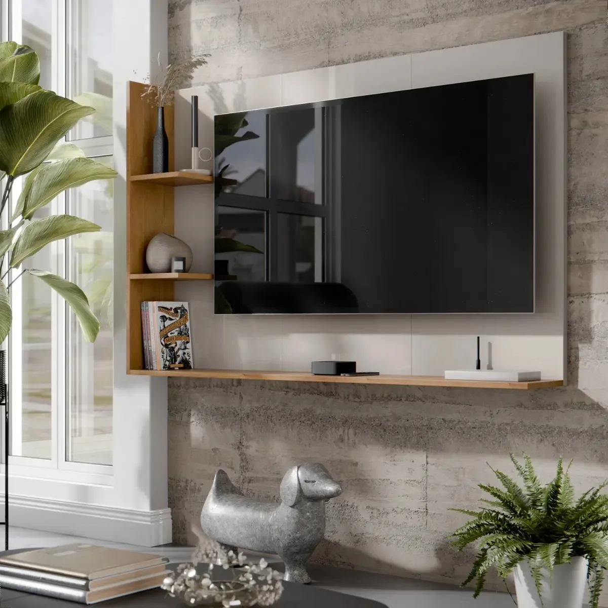 Painel Moderno para TV 50" Quality Móveis Off White/Nature MDF