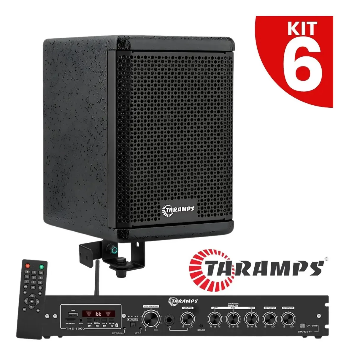 Kit 6 Caixas Som 300w Rms Taramps Pretas Acustica Profissional Ambiente Comercio Loja Bar Eventos Restaurante Salao Igreja Com Suportes + Receiver Amplificador Ths 6000 Bluetooth Usb Pendrive Sd