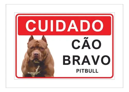 Placa Cuidado Advertência Cão Bravo Pitbull 25x18cm