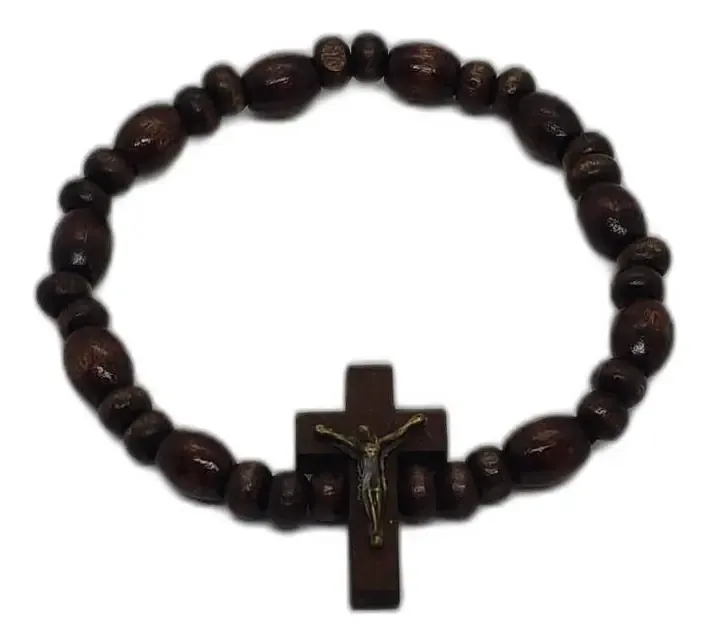 Pulseira Madeira Com Cruz - Marrom