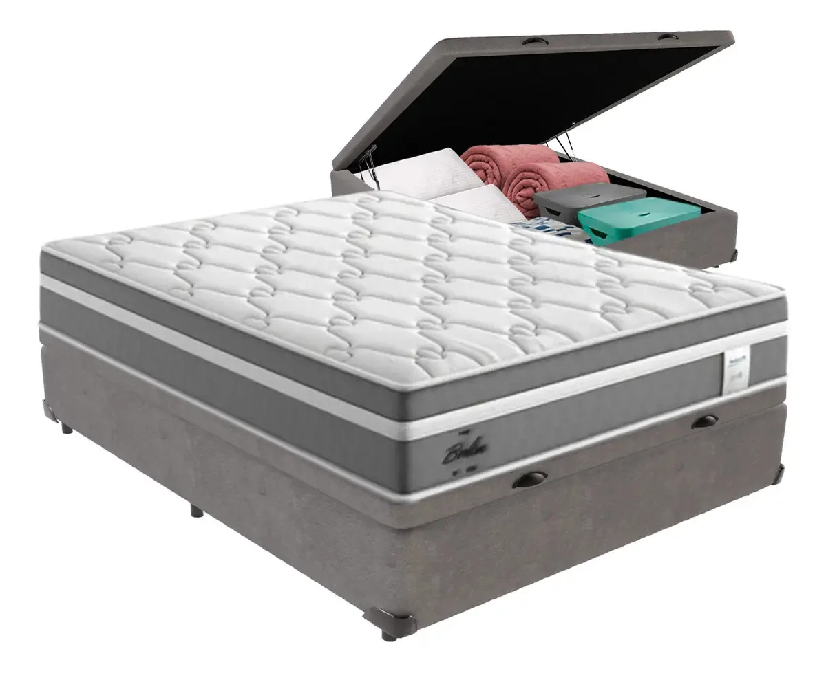 Cama Box Baú Cinza Colchão Berlim Molas Casal Probel