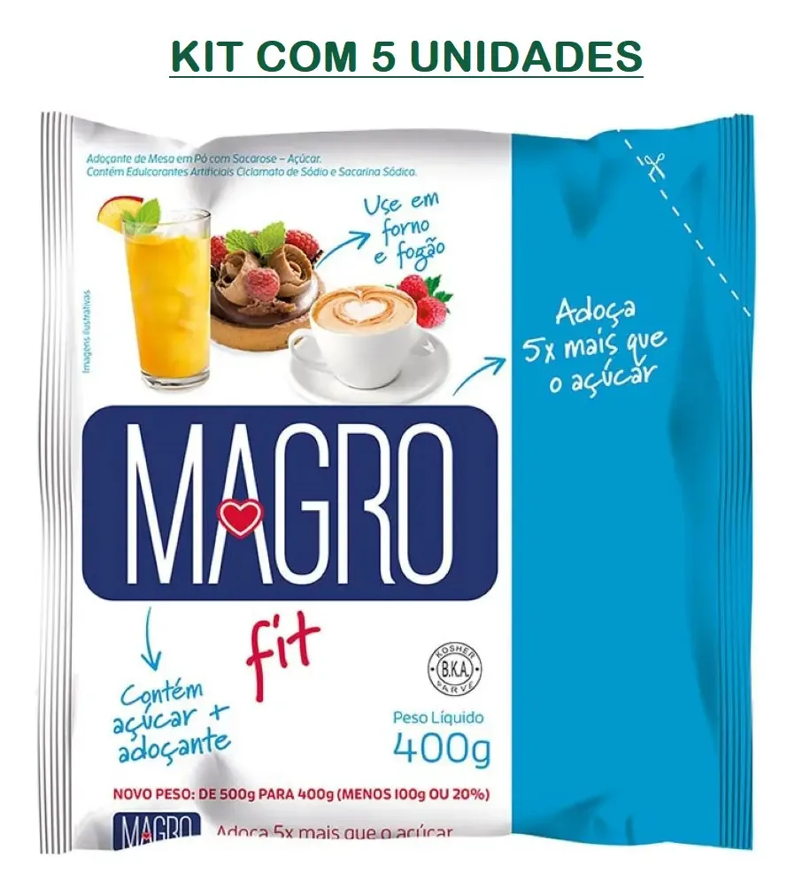 Açúcar Magro Fit Adoça Mais Que Açúcar Comum 400g Kit 5 Unid