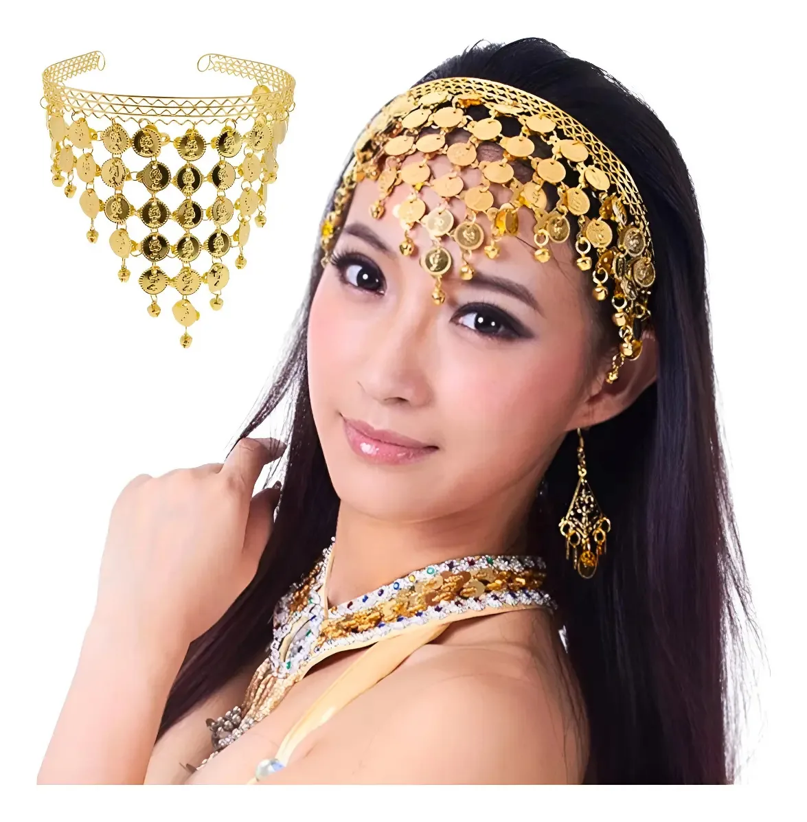 Tiara Dourada para Dança do Ventre com Moedas Douradas