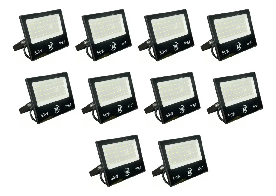 Kit 10 Refletores LED 50W Branco Frio Bivolt, Preto, IP66